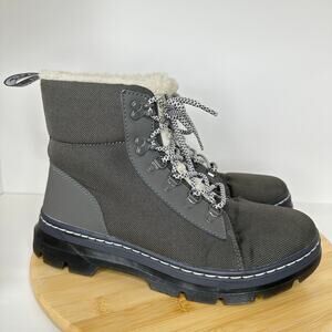 Dr. Martens Combs Fur Lined Gray Canvas Combat Moto Biker Boots Lace Up Size 10